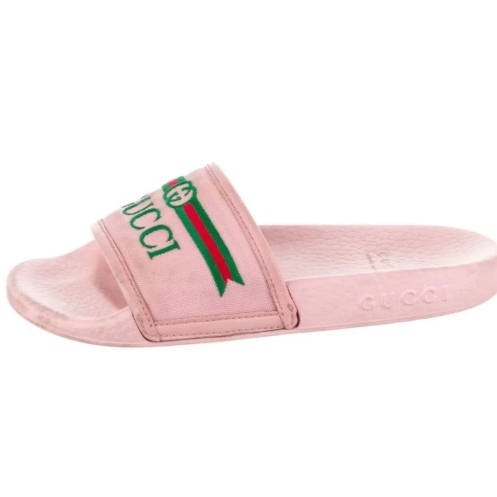 Gucci Pink Web Logo Canvas Designer Slip On Slides Girl's Size 12 SEE MEASUREMNT